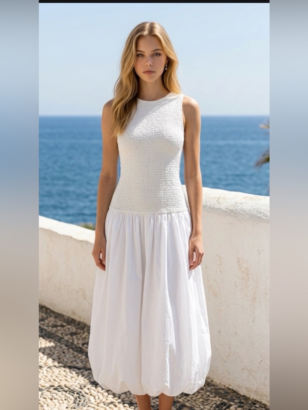 Zara White Sleeveless Textured Maxi Dress for Girls